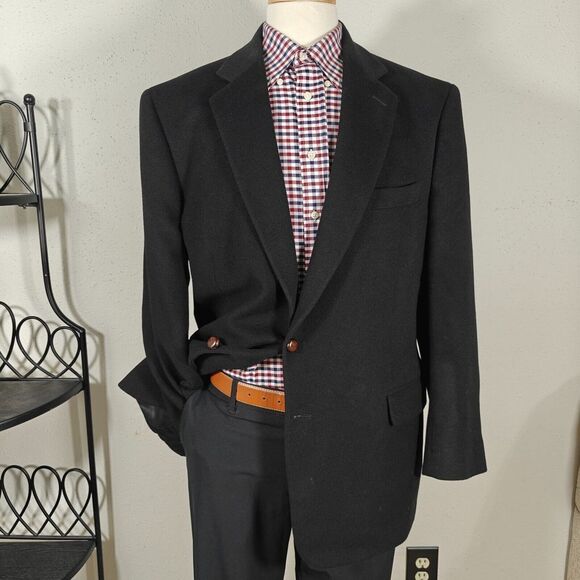 Harold‎ Powell Men's Sport Coat Blazer Two Button Solid Black Camel Hair Sz 44L